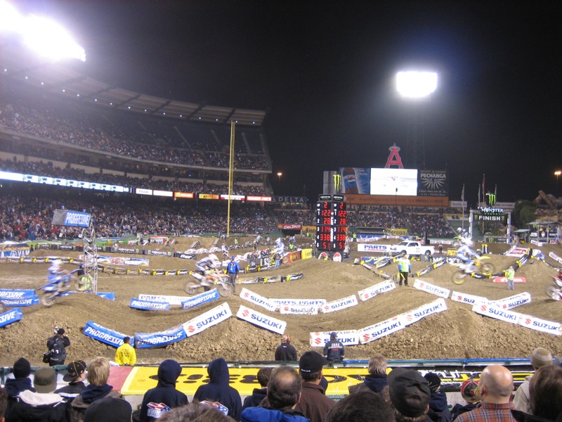 Supercross racing at a stadium in Anaheim, California