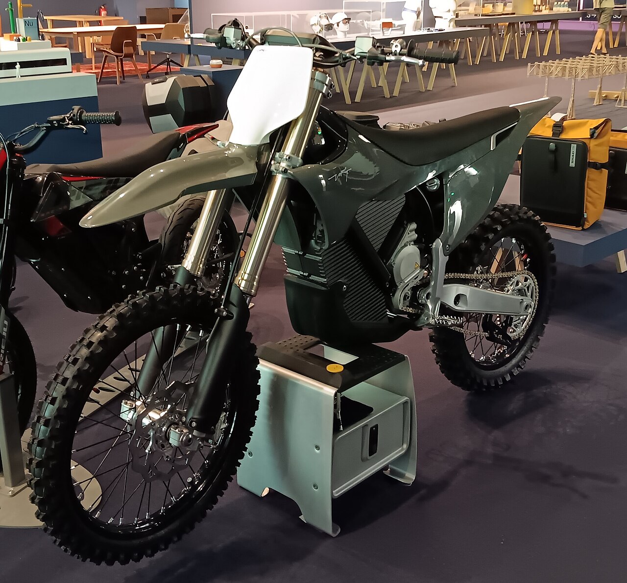 A Stark Future VARG electric dirt bike on display at a museum in Barcelona