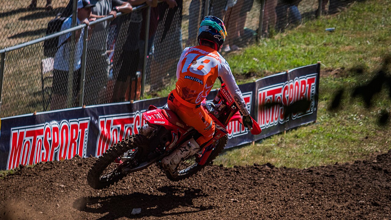 Jett Lawrence on his number 18 Honda in a turn at the 2021 Washougal National